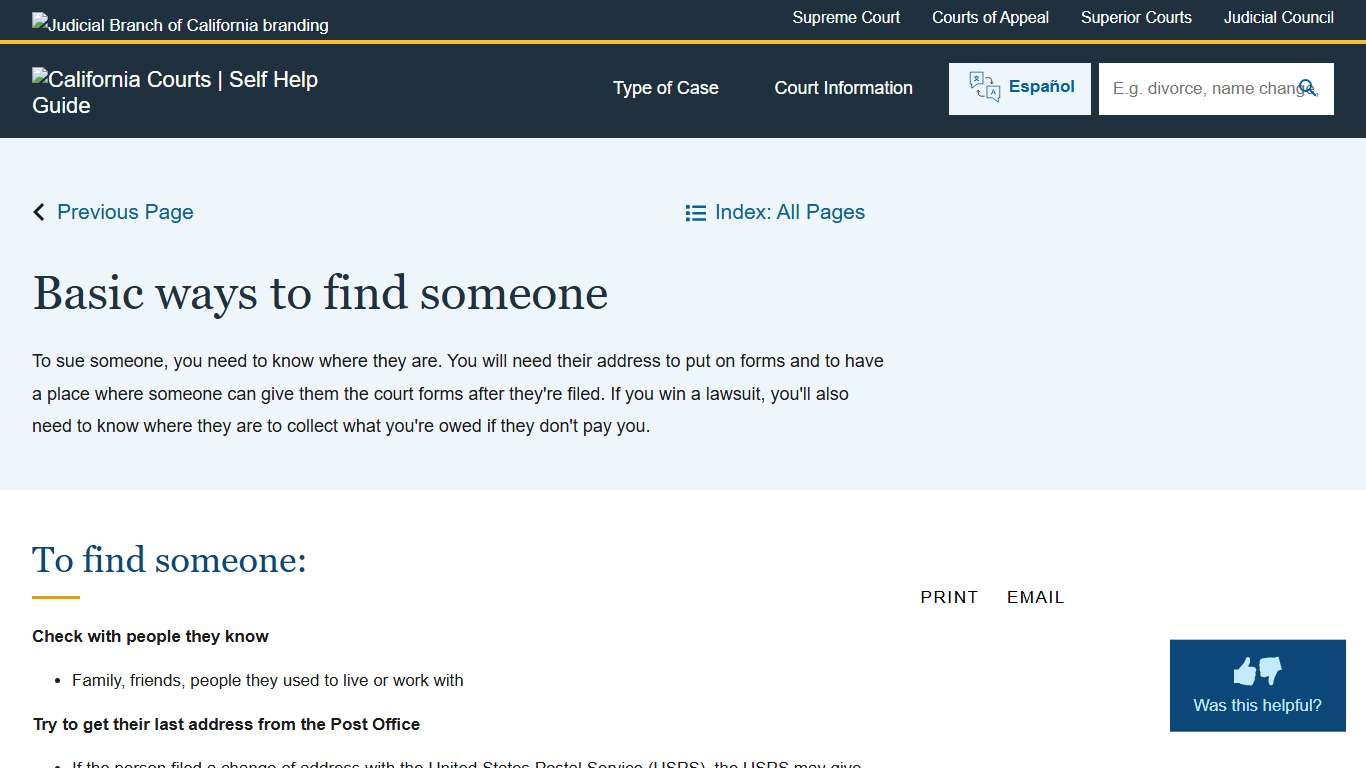 Basic ways to find someone California Courts Self Help Guide